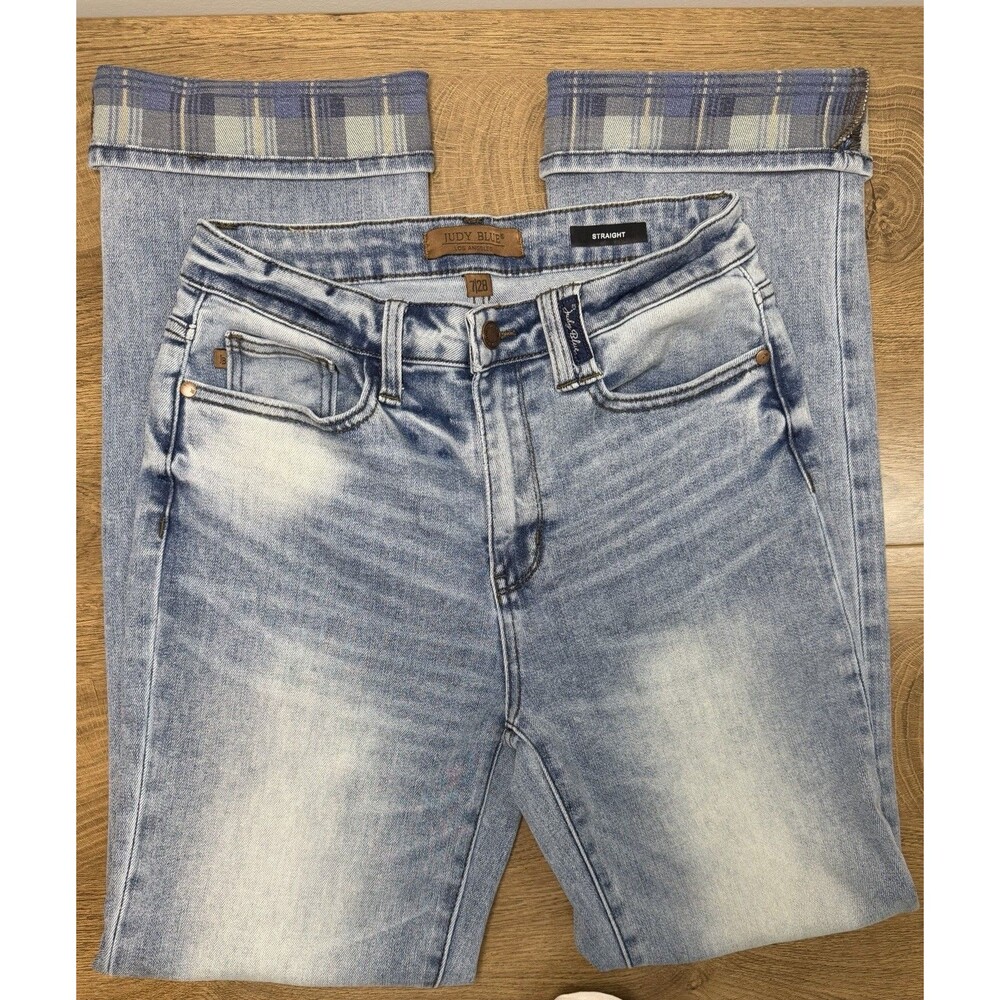 Judy Blue Jeans Plaid Cuff Sz 7/28 Med Wash Straight Fit Stretch JB88747 MD - Picture 5 of 15